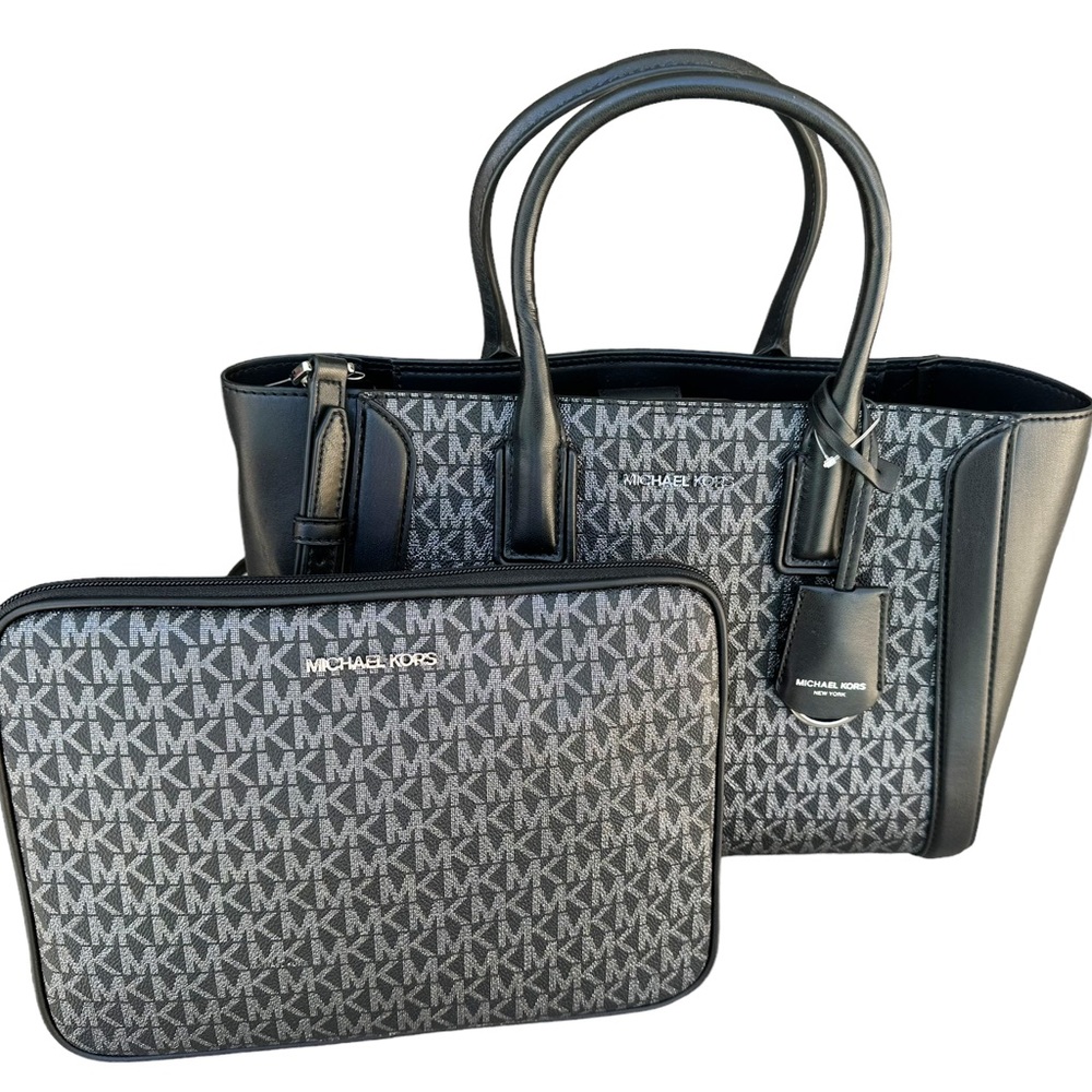 Michael Kors Kali Medium Satchel Crossbody Signature MK + Ipad Case Black Silver - Picture 7 of 9